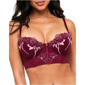 Adore Me Rosita Contour Embroidered Longline Bra 36C Red Romantic Floral